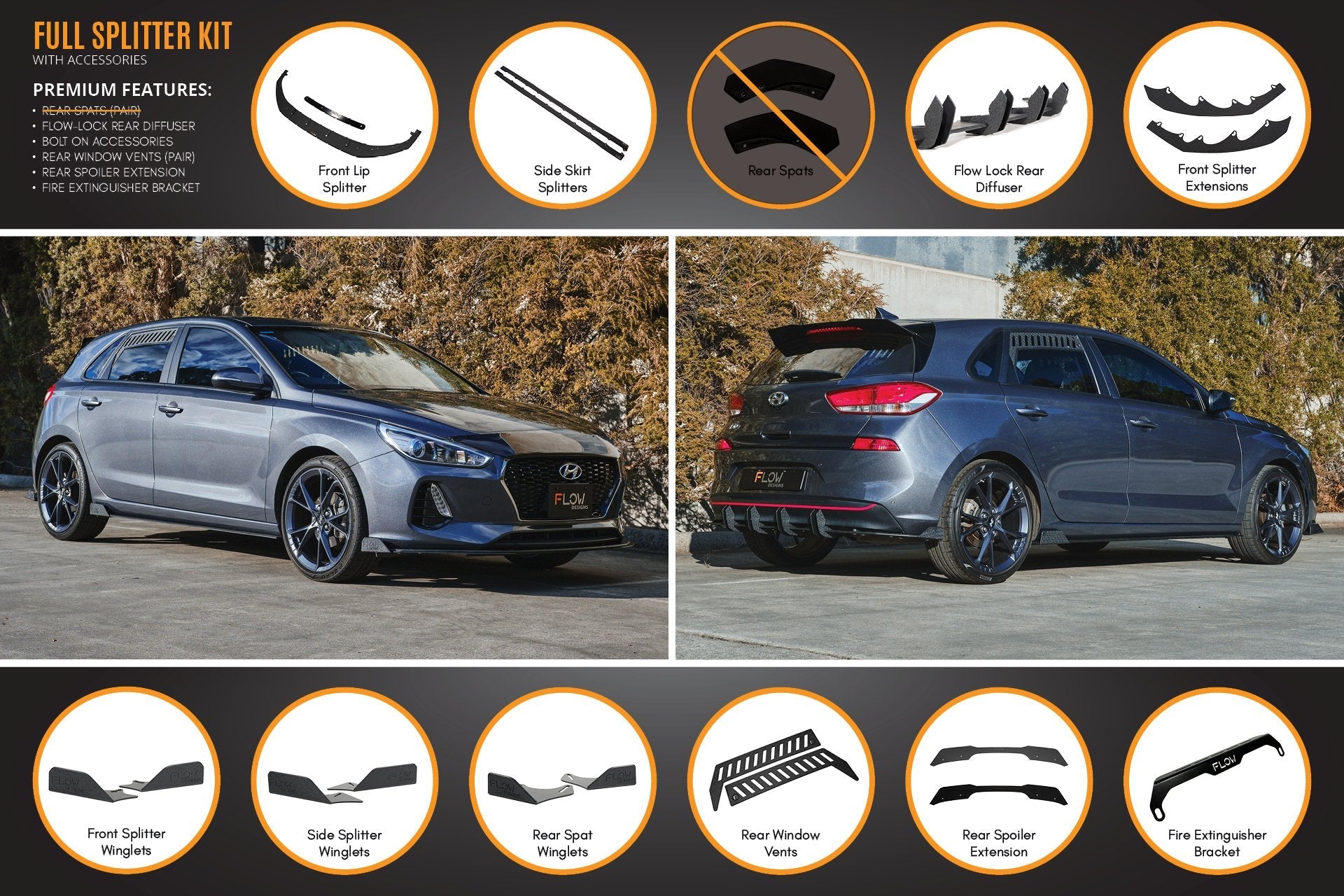 Hyundai i30 Hatch PD1, PD2 2018-2020 Full Lip Splitter Set with Flow-Lock Rear Diffuser (GLOSS BLACK)