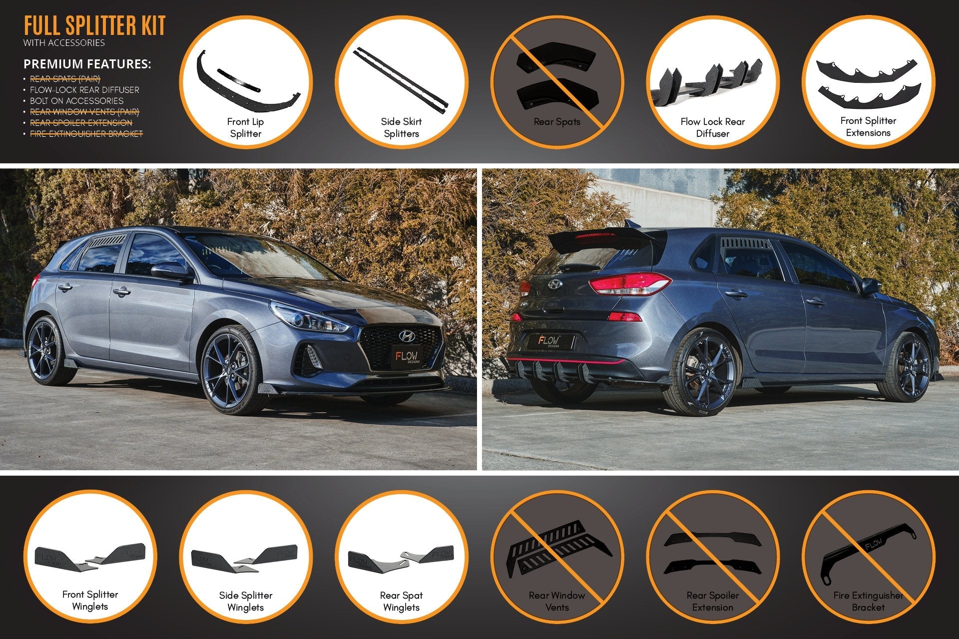 Hyundai i30 Hatch PD1, PD2 2018-2020 Full Lip Splitter Set with Flow-Lock Rear Diffuser (GLOSS BLACK)