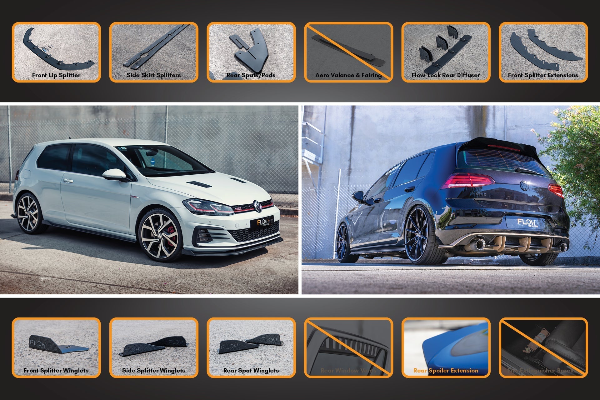 Volkswagen MK7.5 Golf GTI Full Lip Splitter Set with Flow-Lock Rear Diffuser