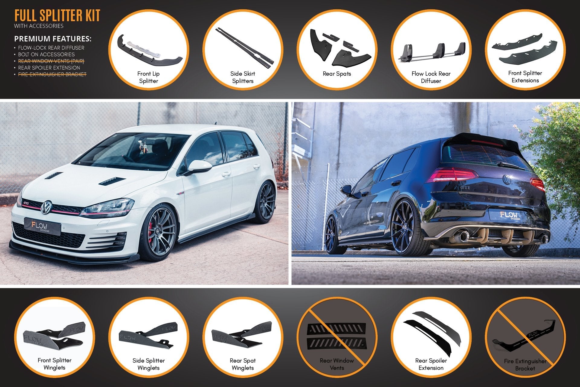 Volkswagen MK7 Golf GTI Full Lip Splitter Set with Flow-Lock Rear Diffuser