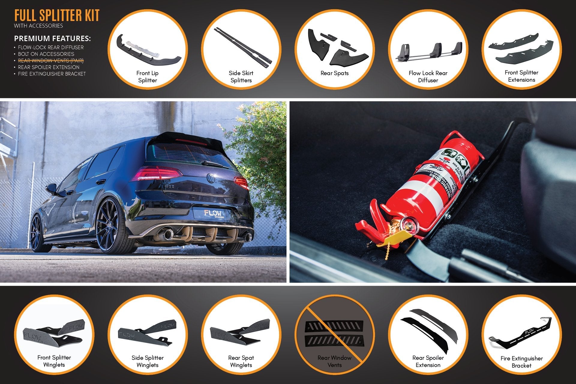 Volkswagen MK7 Golf GTI Full Lip Splitter Set with Flow-Lock Rear Diffuser