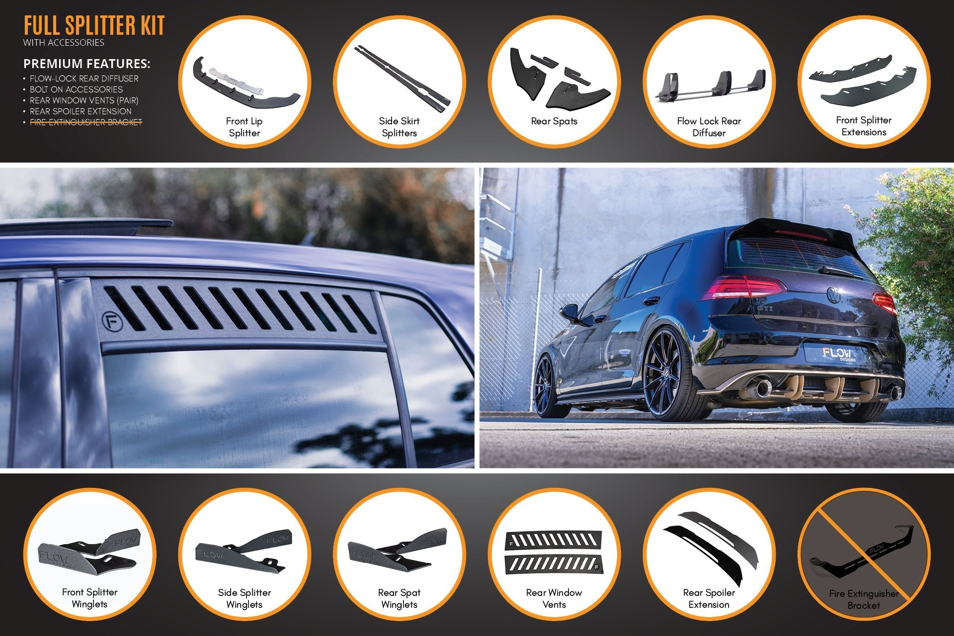 Volkswagen MK7 Golf GTI Full Lip Splitter Set with Flow-Lock Rear Diffuser