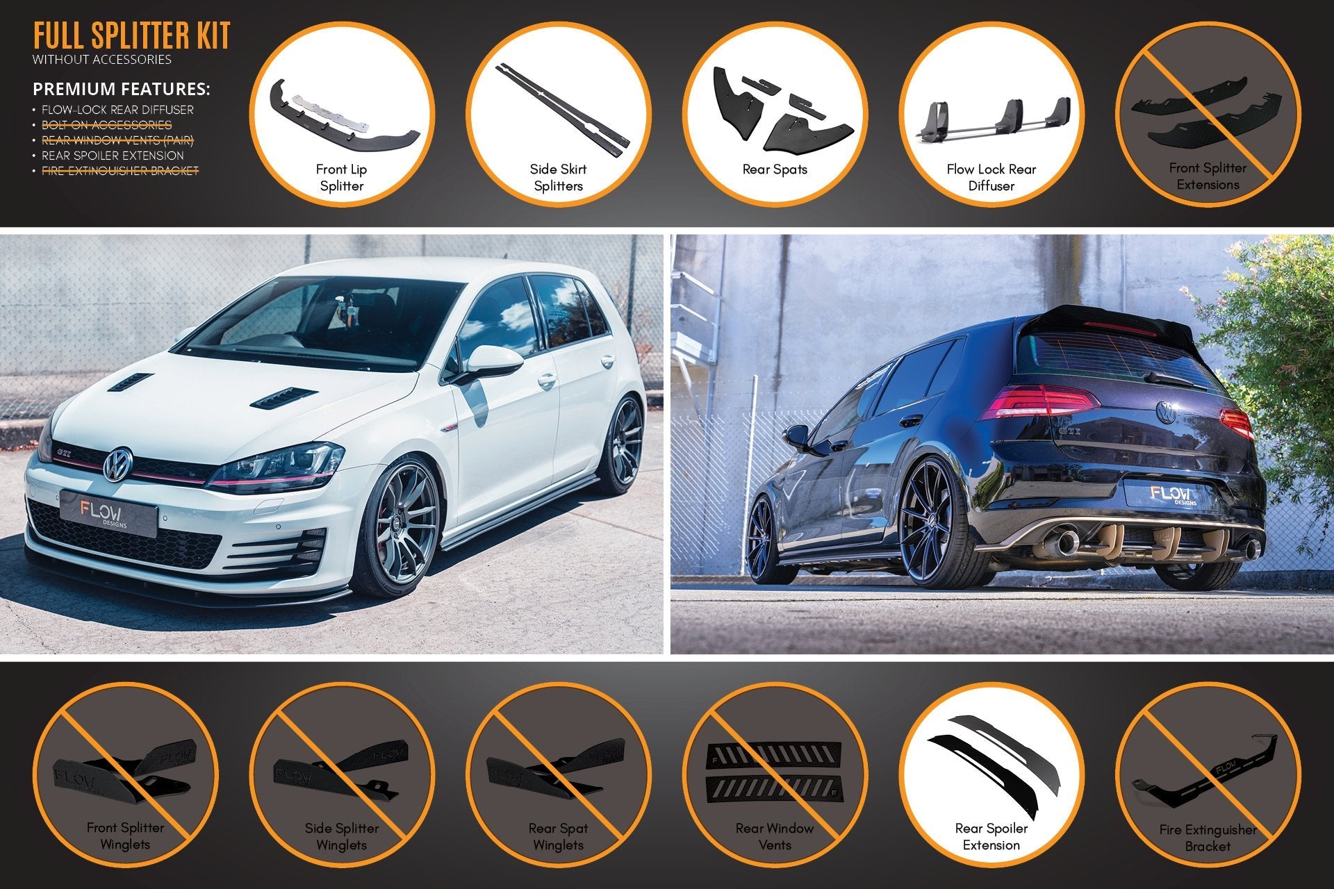 Volkswagen MK7 Golf GTI Full Lip Splitter Set with Flow-Lock Rear Diffuser