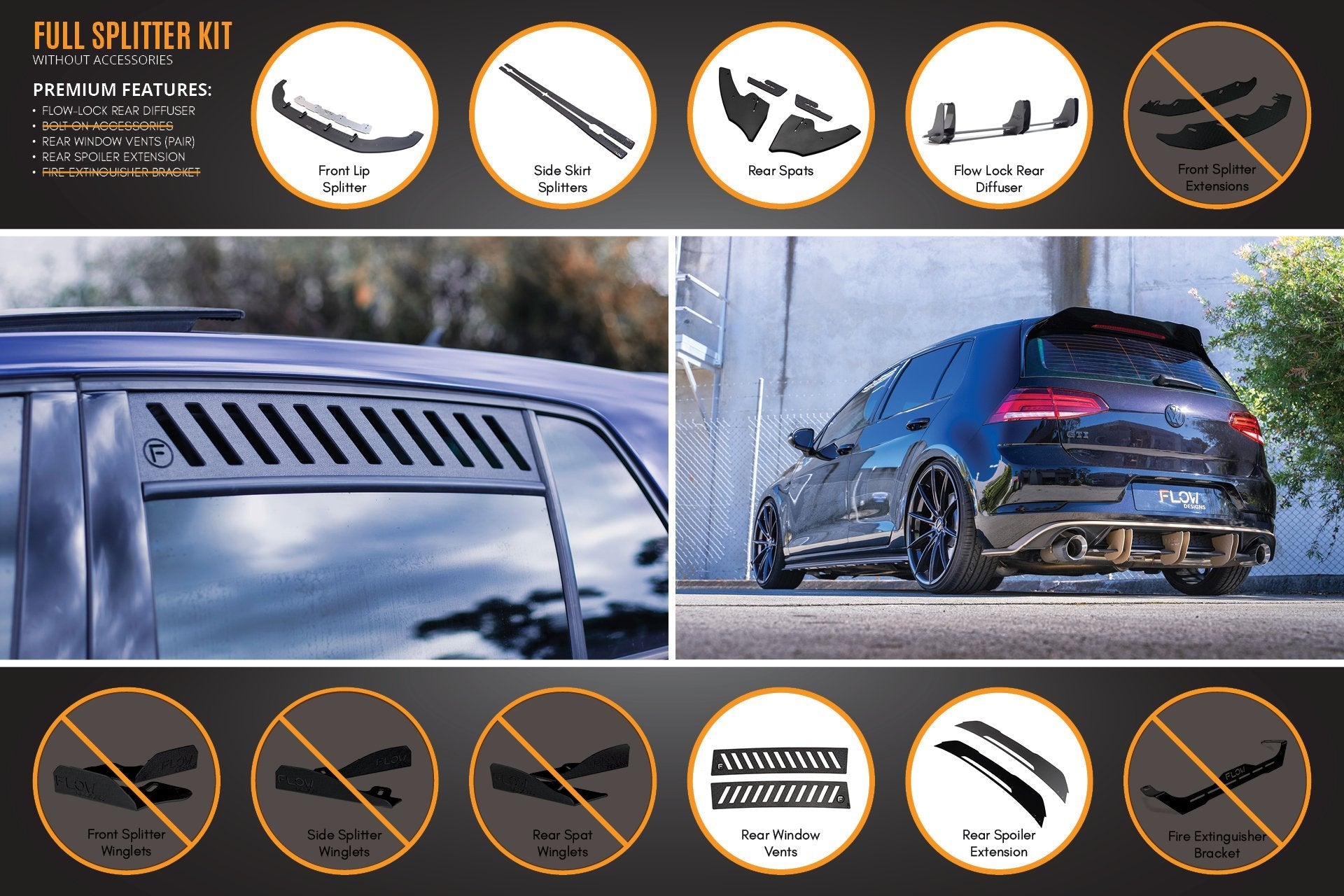 Volkswagen MK7 Golf GTI Full Lip Splitter Set with Flow-Lock Rear Diffuser