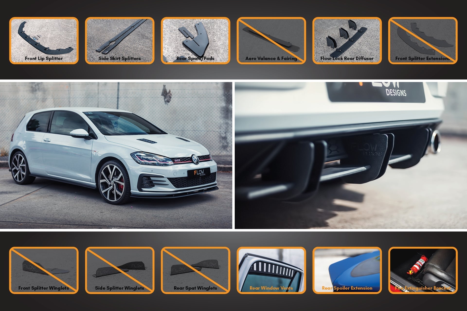 Volkswagen MK7.5 Golf GTI Full Lip Splitter Set with Flow-Lock Rear Diffuser