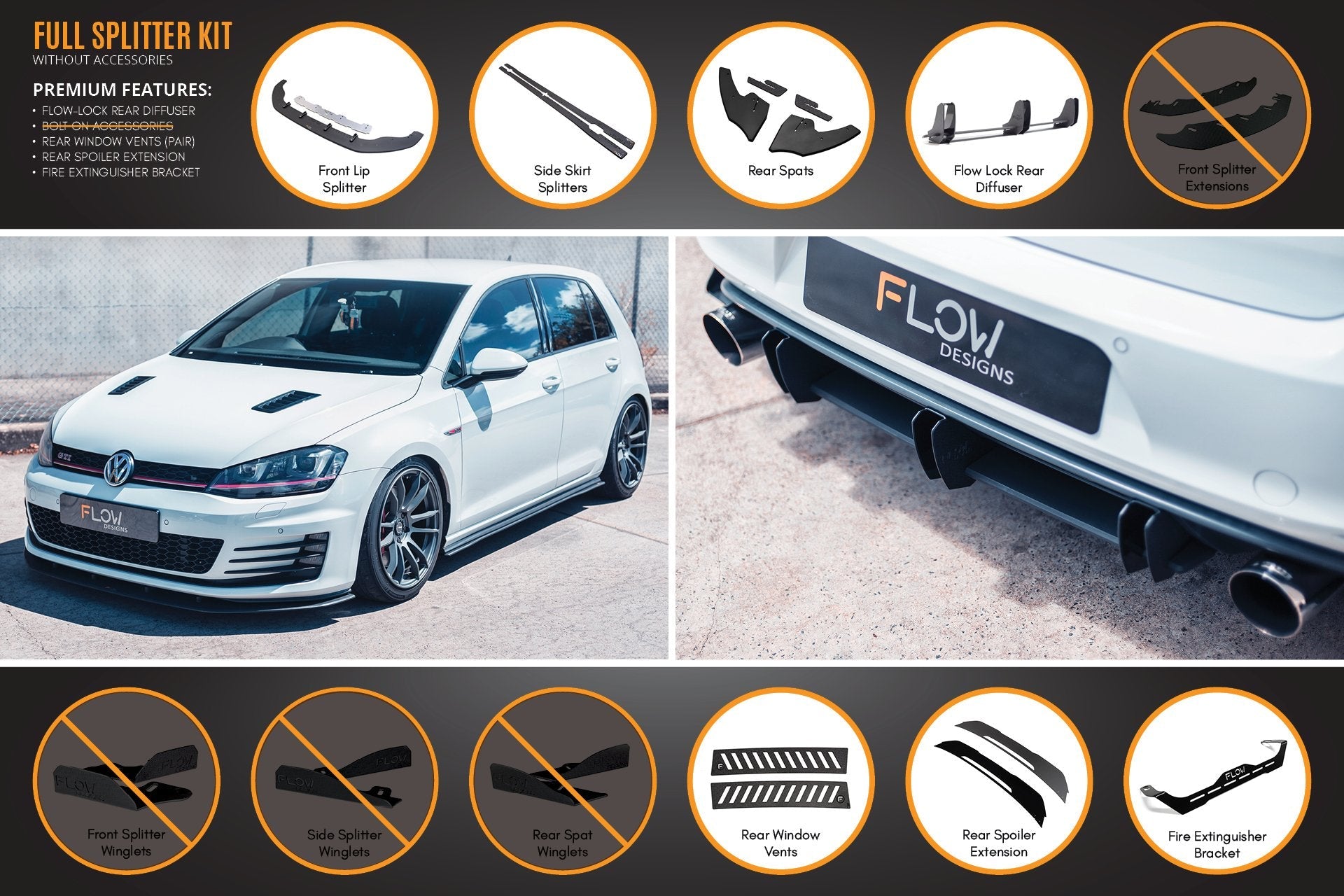 Volkswagen MK7 Golf GTI Full Lip Splitter Set with Flow-Lock Rear Diffuser