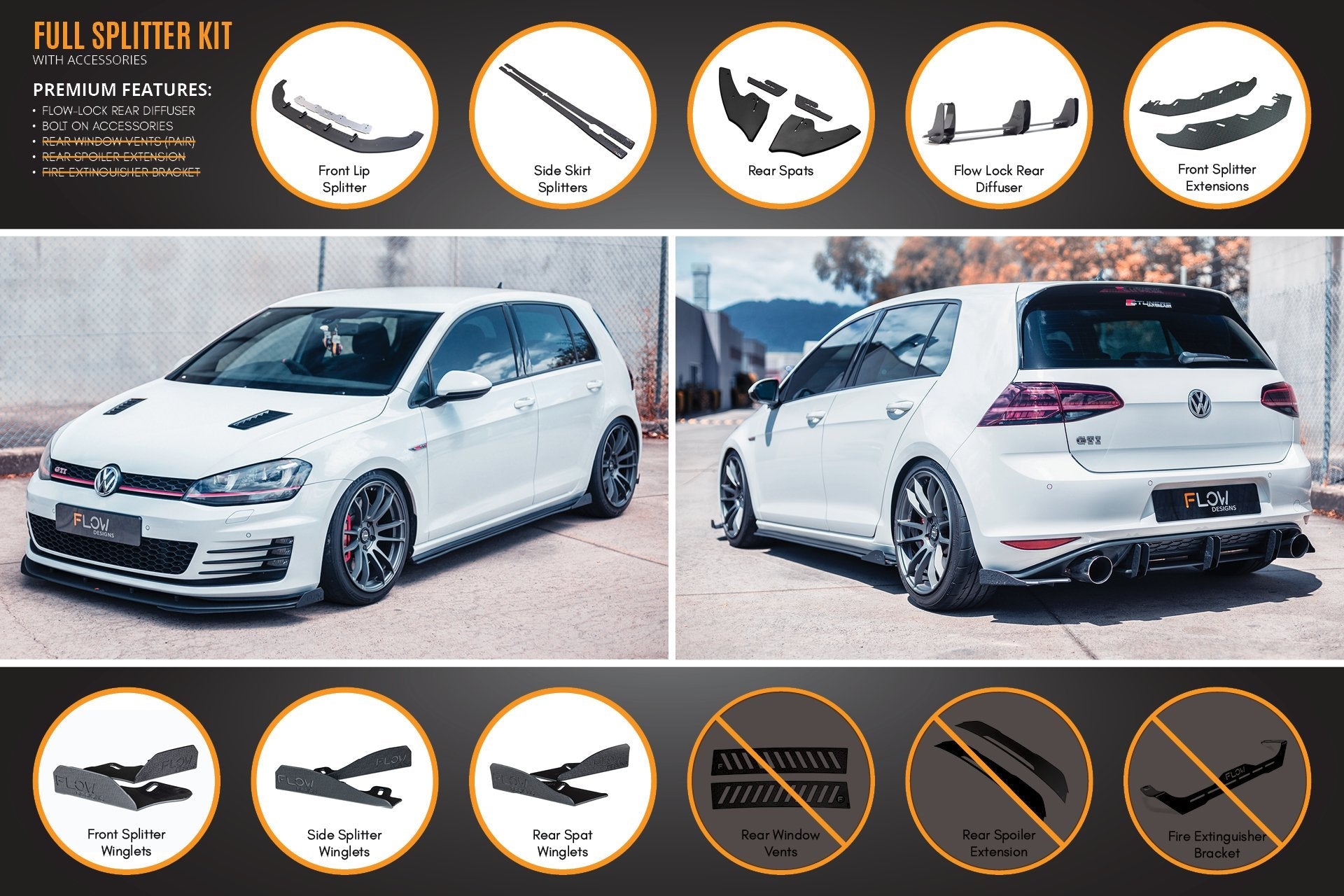 Volkswagen MK7 Golf GTI Full Lip Splitter Set with Flow-Lock Rear Diffuser