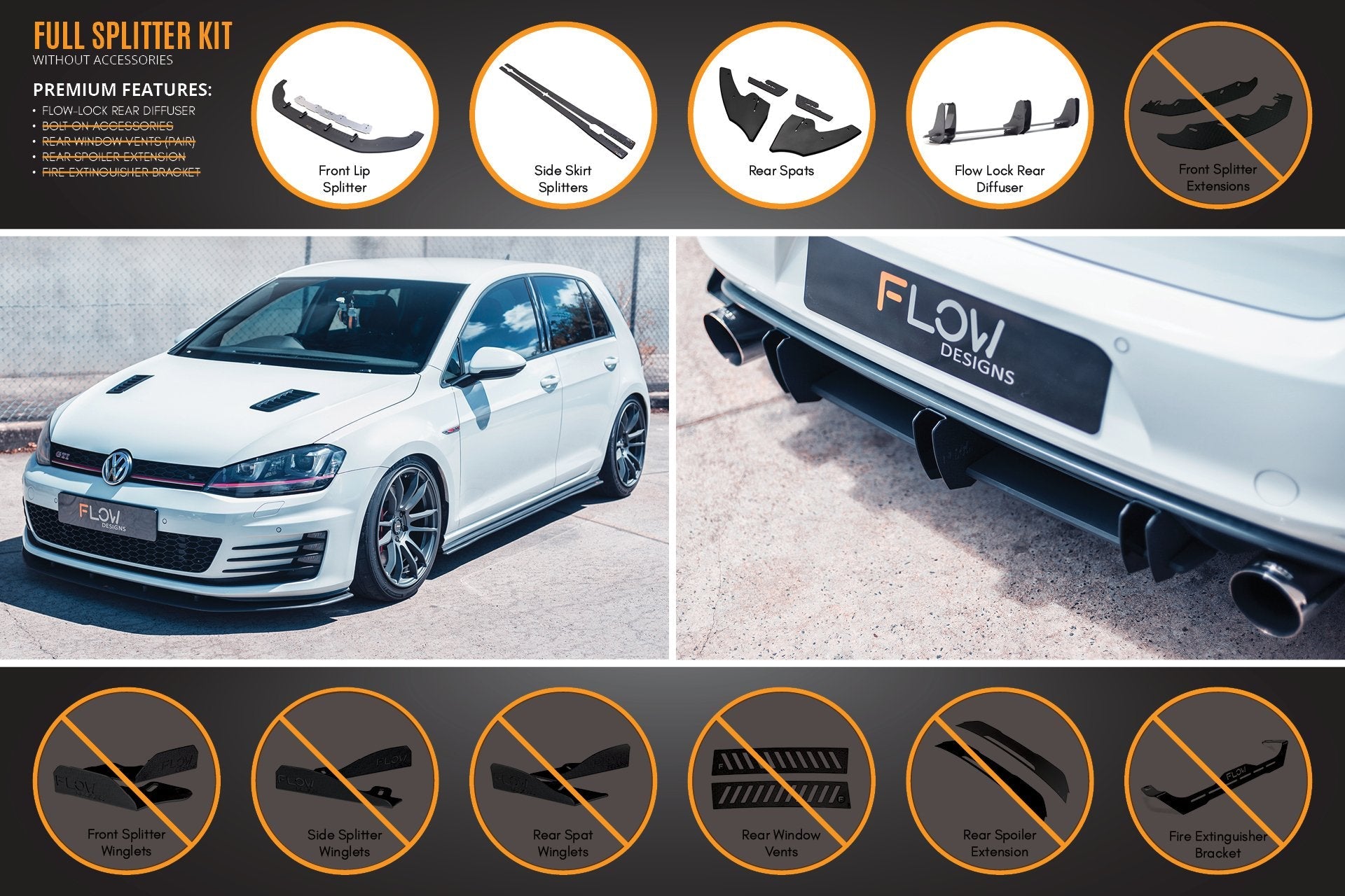 Volkswagen MK7 Golf GTI Full Lip Splitter Set with Flow-Lock Rear Diffuser