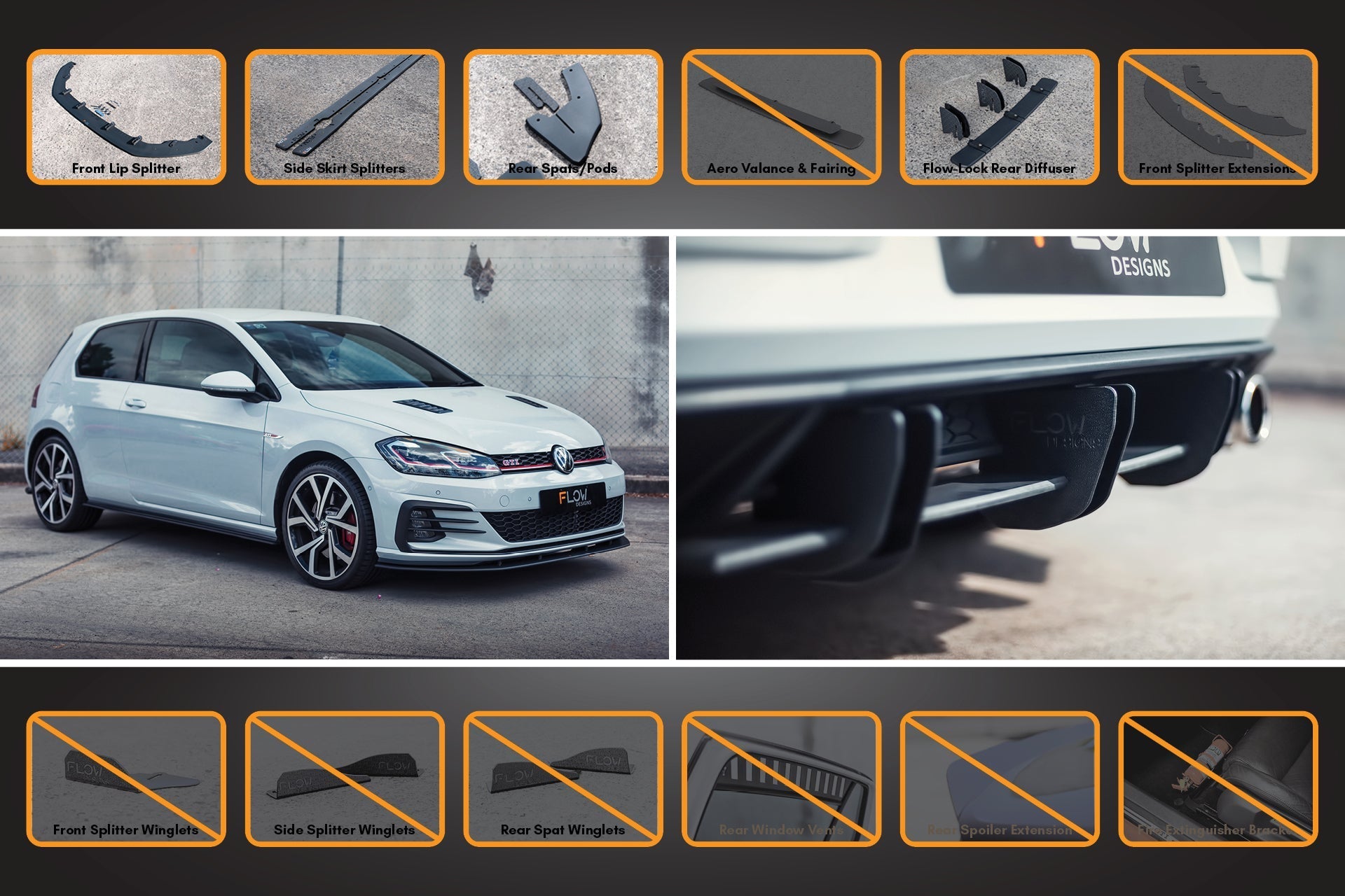 Volkswagen MK7.5 Golf GTI Full Lip Splitter Set with Flow-Lock Rear Diffuser