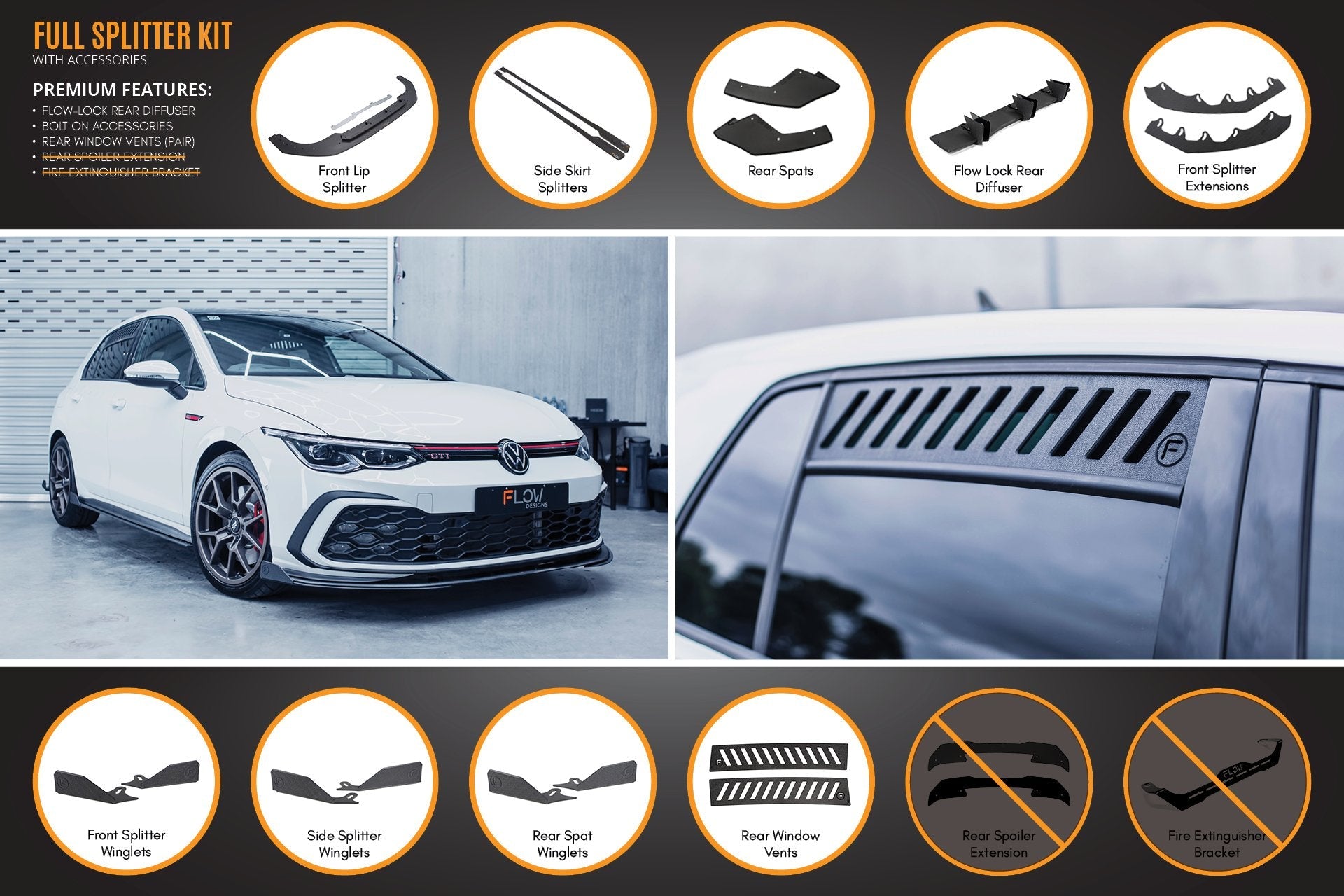 Volkswagen MK8 Golf GTI Full Lip Splitter Set - All Accessories (GLOSS BLACK)