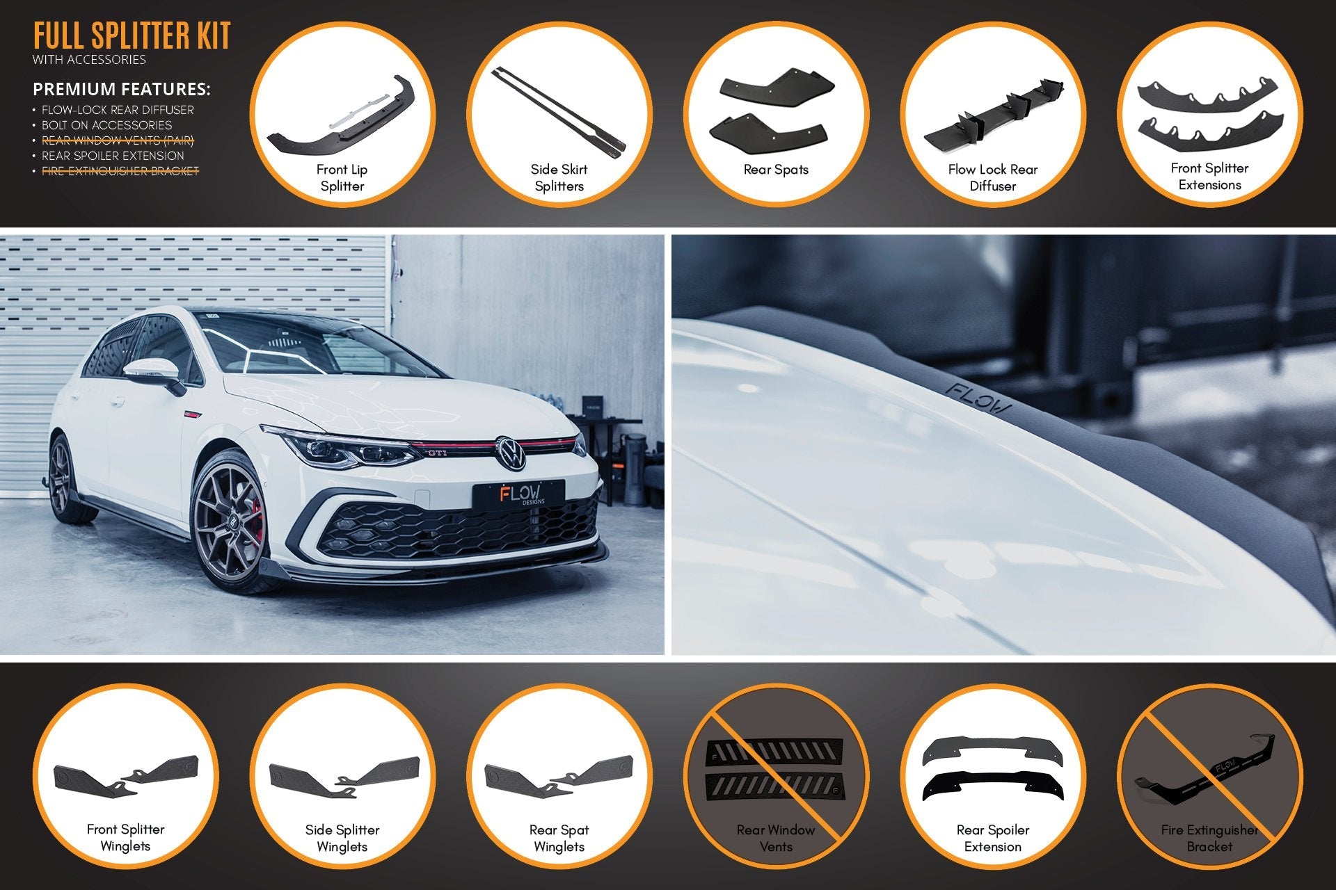 Volkswagen MK8 Golf GTI Full Lip Splitter Set - All Accessories (GLOSS BLACK)