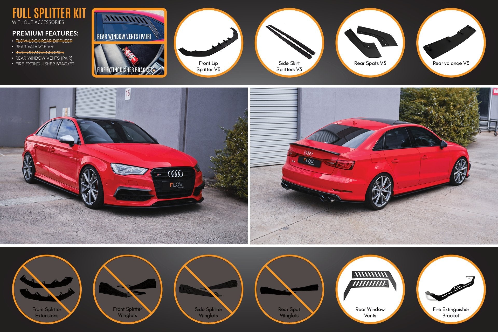 Audi S3 8V Sedan PFL V3 Full Lip Splitter Set