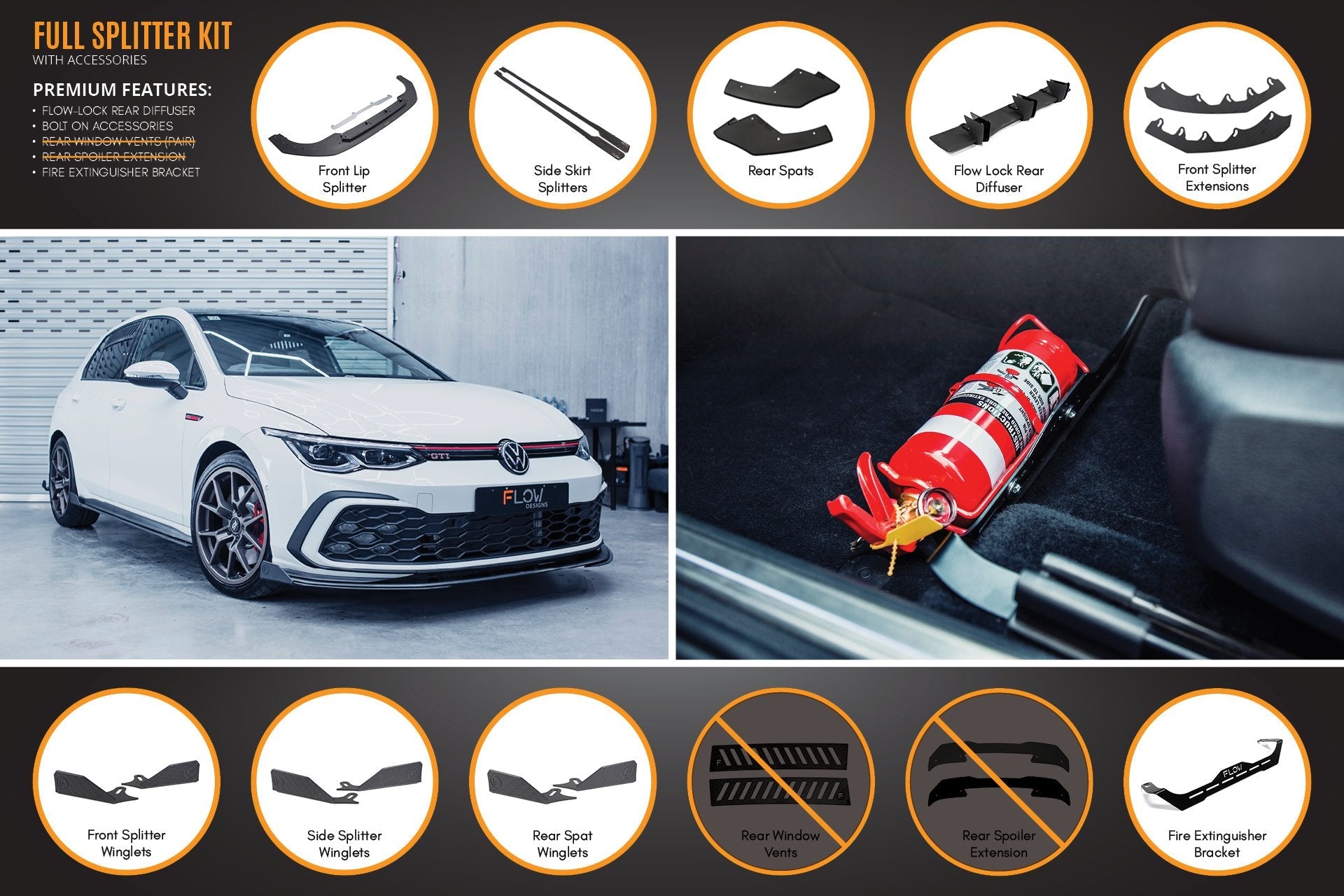 Volkswagen MK8 Golf GTI Full Lip Splitter Set - All Accessories (GLOSS BLACK)