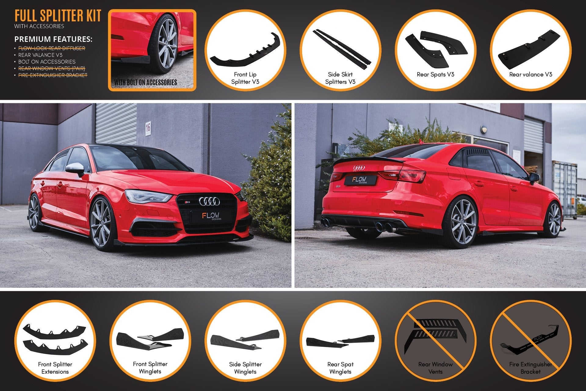 Audi S3 8V Sedan PFL V3 Full Lip Splitter Set