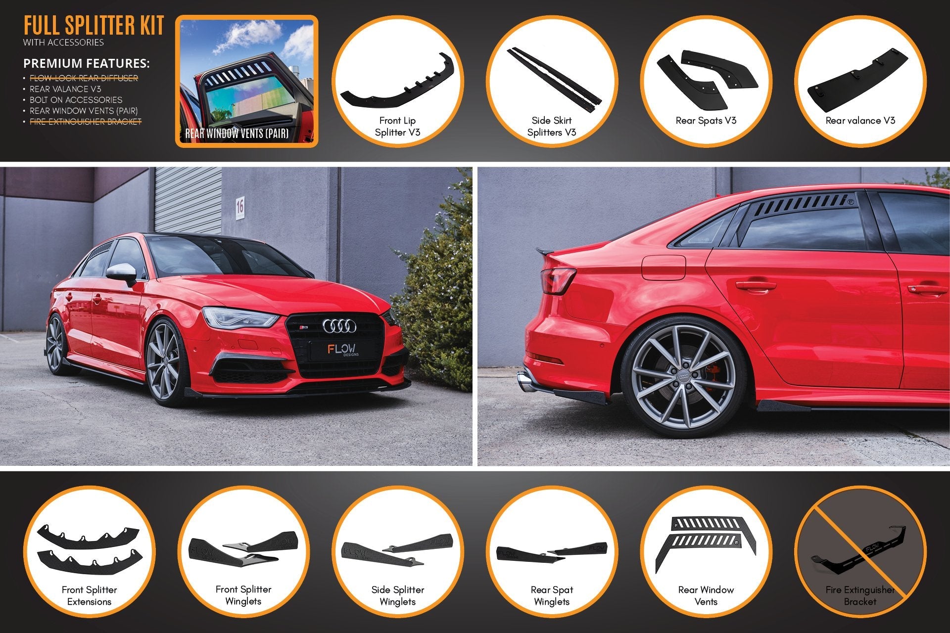 Audi S3 8V Sedan PFL V3 Full Lip Splitter Set