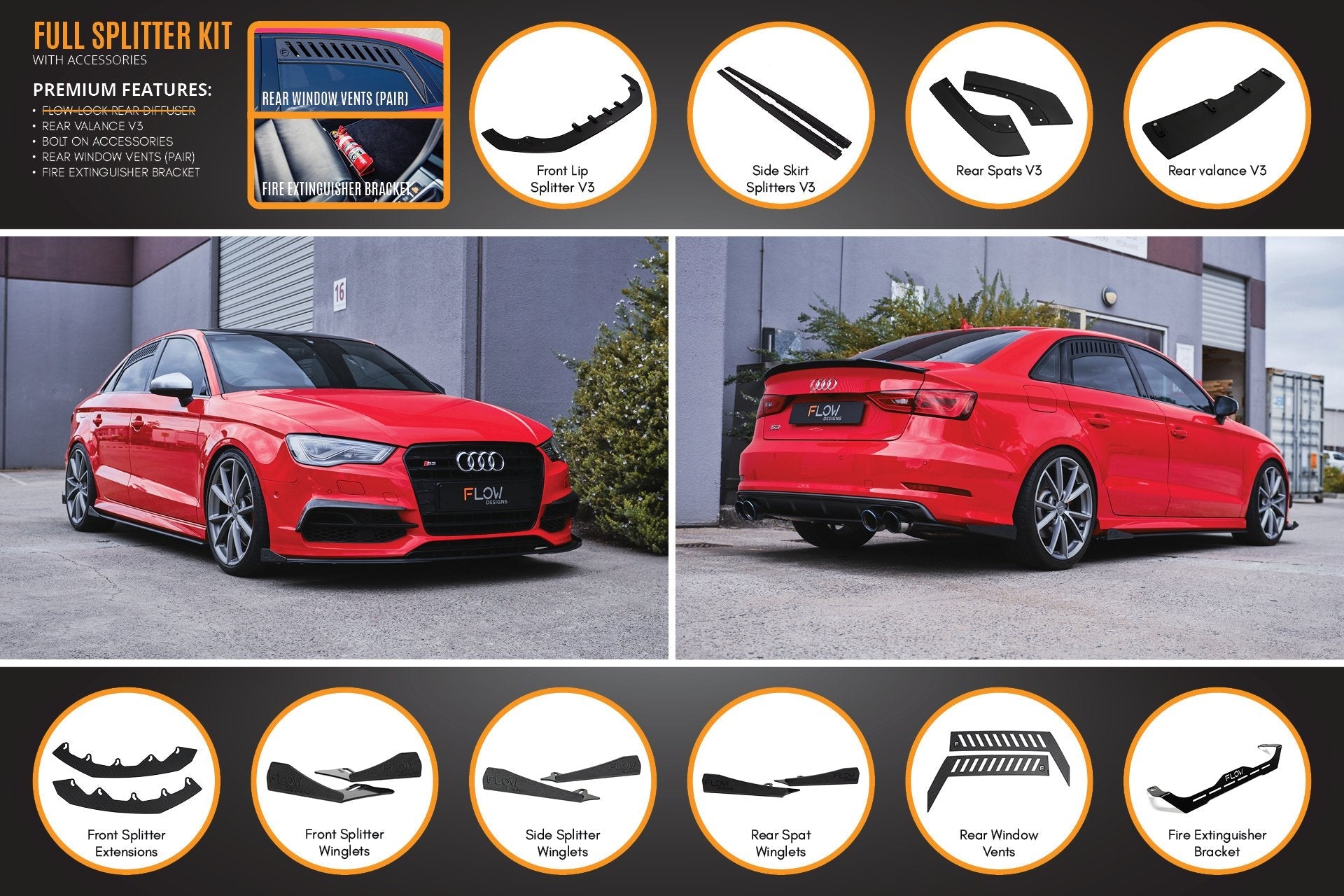 Audi S3 8V Sedan PFL V3 Full Lip Splitter Set