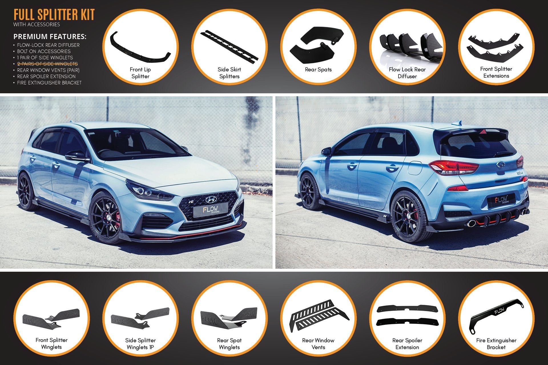 Hyundai i30N Hatch PD (2018-2020) Full Lip Splitter Set (GLOSS BLACK)