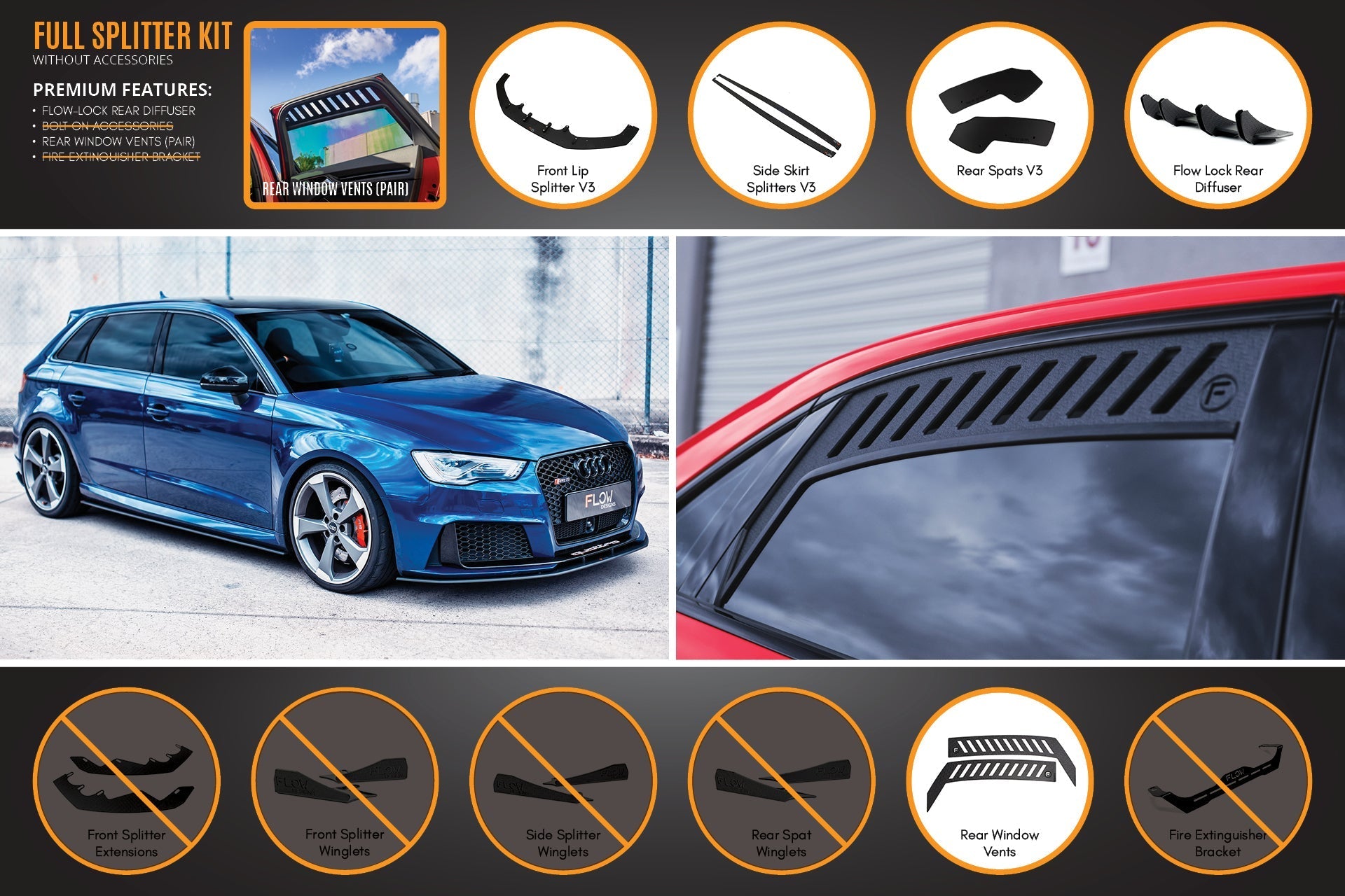 Audi RS3 8V Sportback (PFL) Full Lip Splitter Set