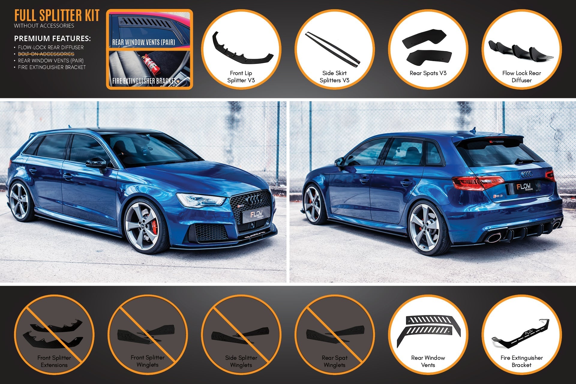 Audi RS3 8V Sportback (PFL) Full Lip Splitter Set