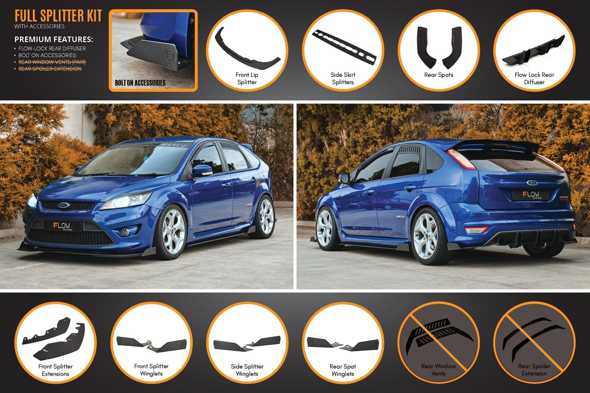 Ford XR5 Focus Turbo V3 Full Lip Splitter Set