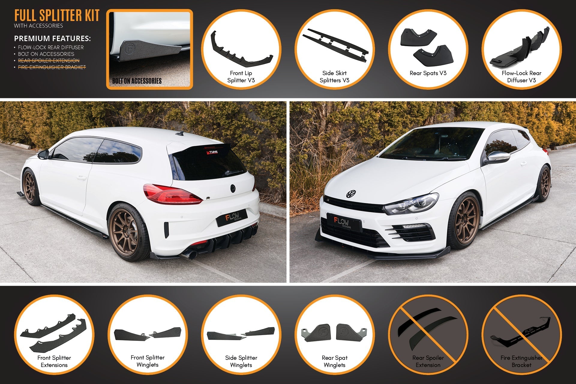 Volkswagen Scirocco R FL V3 Full Lip Splitter Set