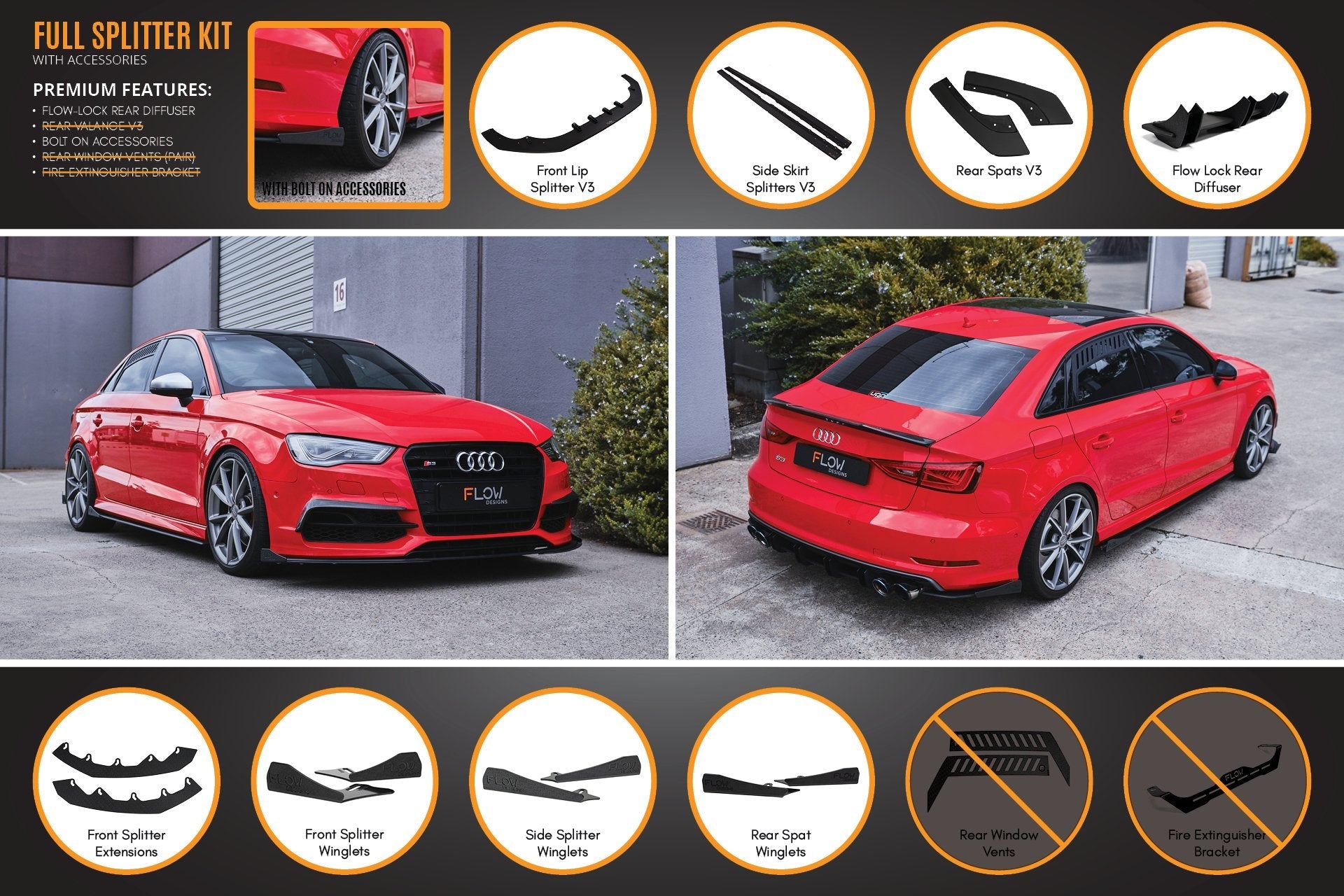 Audi S3 8V Sedan PFL V3 Full Lip Splitter Set