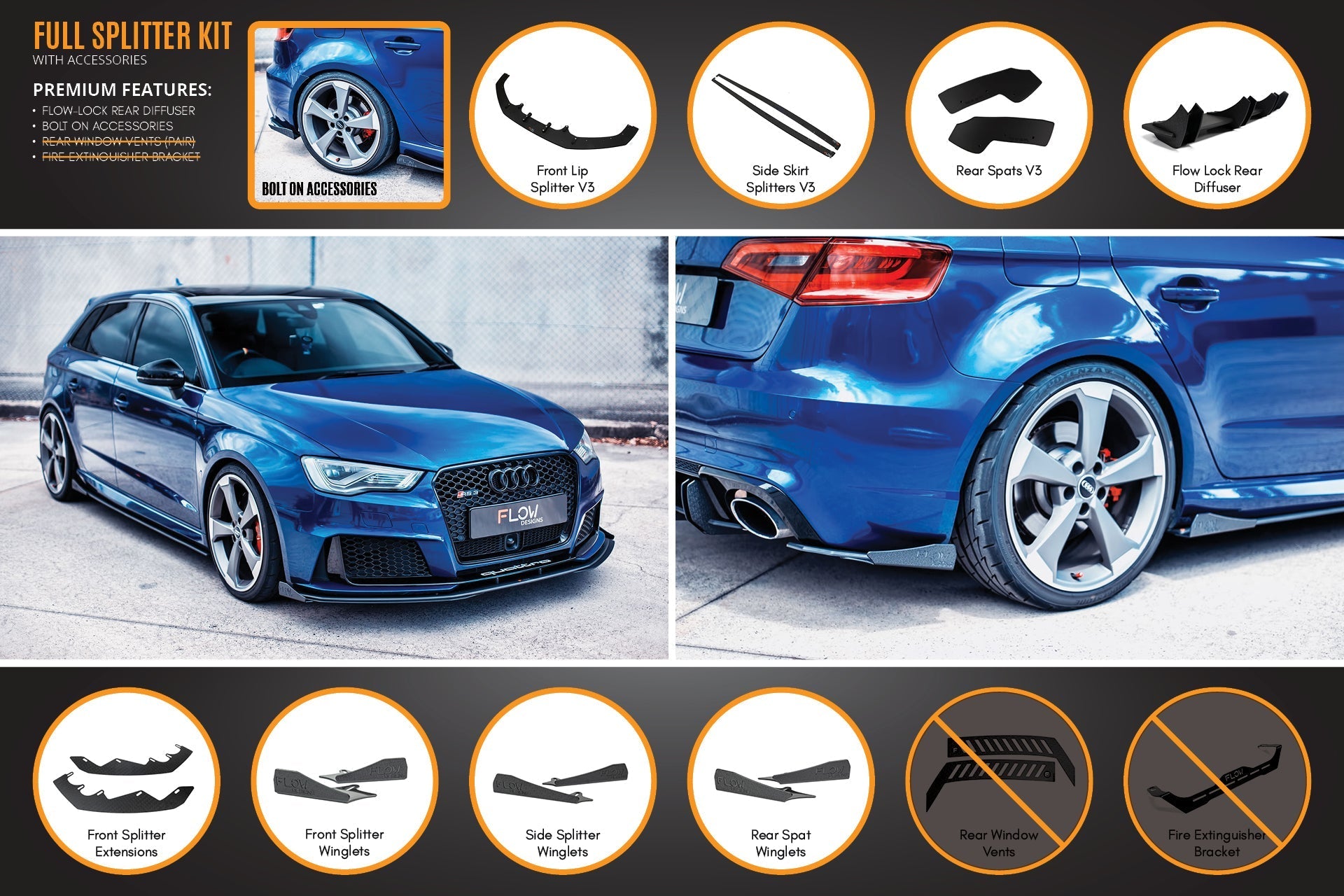 Audi RS3 8V Sportback (PFL) Full Lip Splitter Set