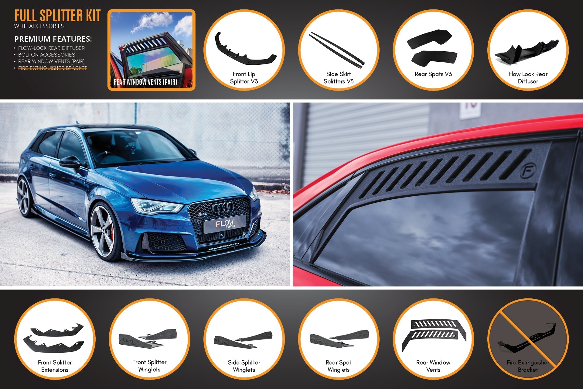 Audi RS3 8V Sportback (PFL) Full Lip Splitter Set