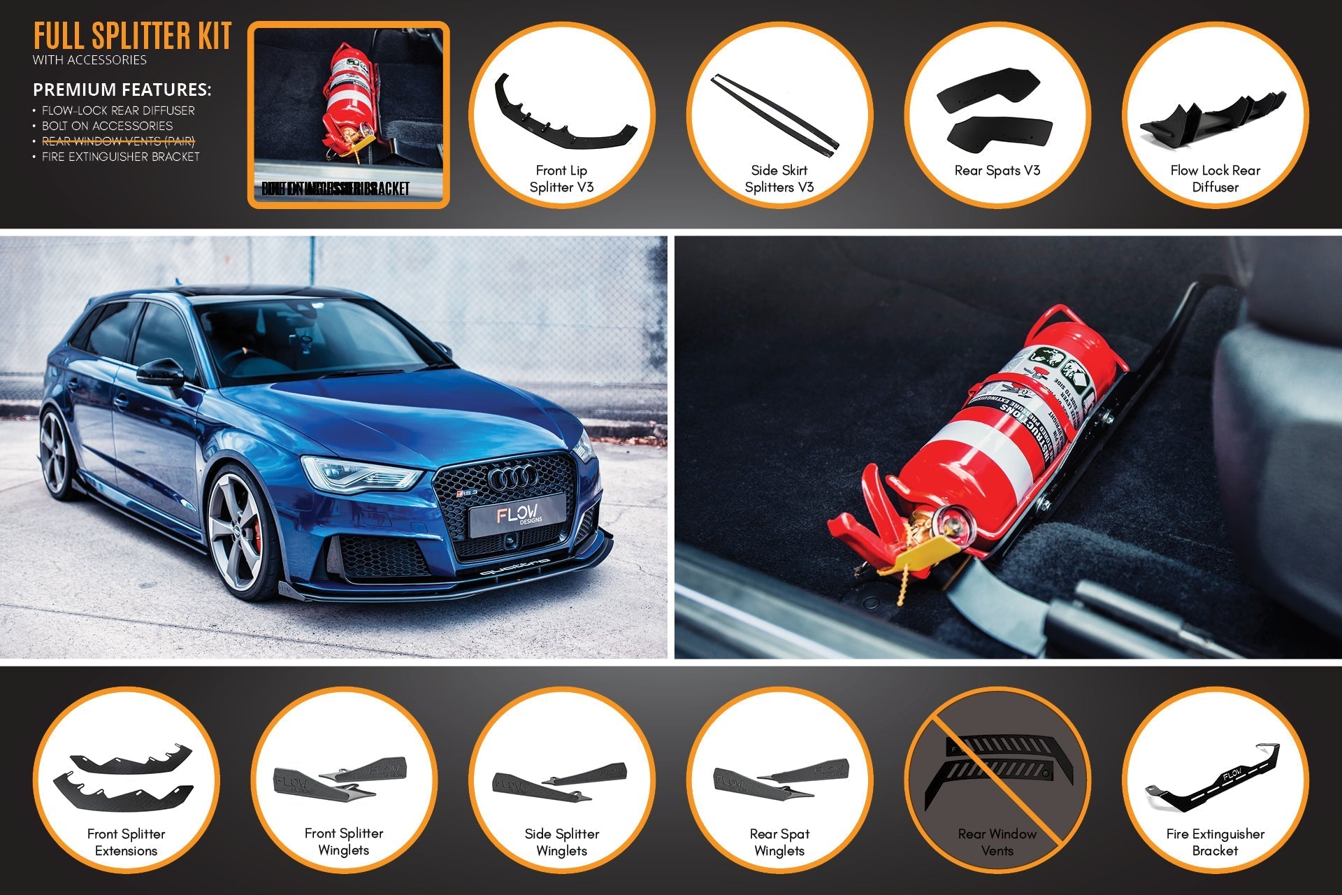 Audi RS3 8V Sportback (PFL) Full Lip Splitter Set