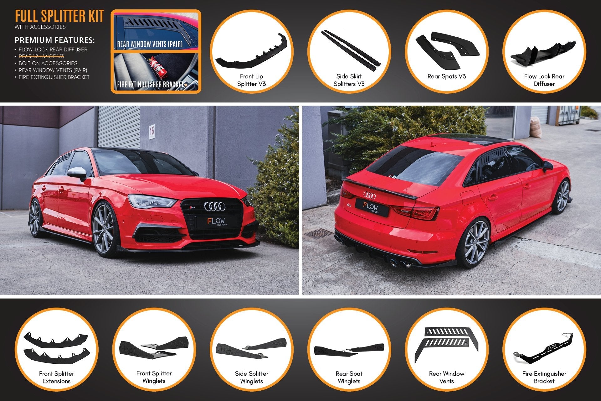 Audi S3 8V Sedan PFL V3 Full Lip Splitter Set