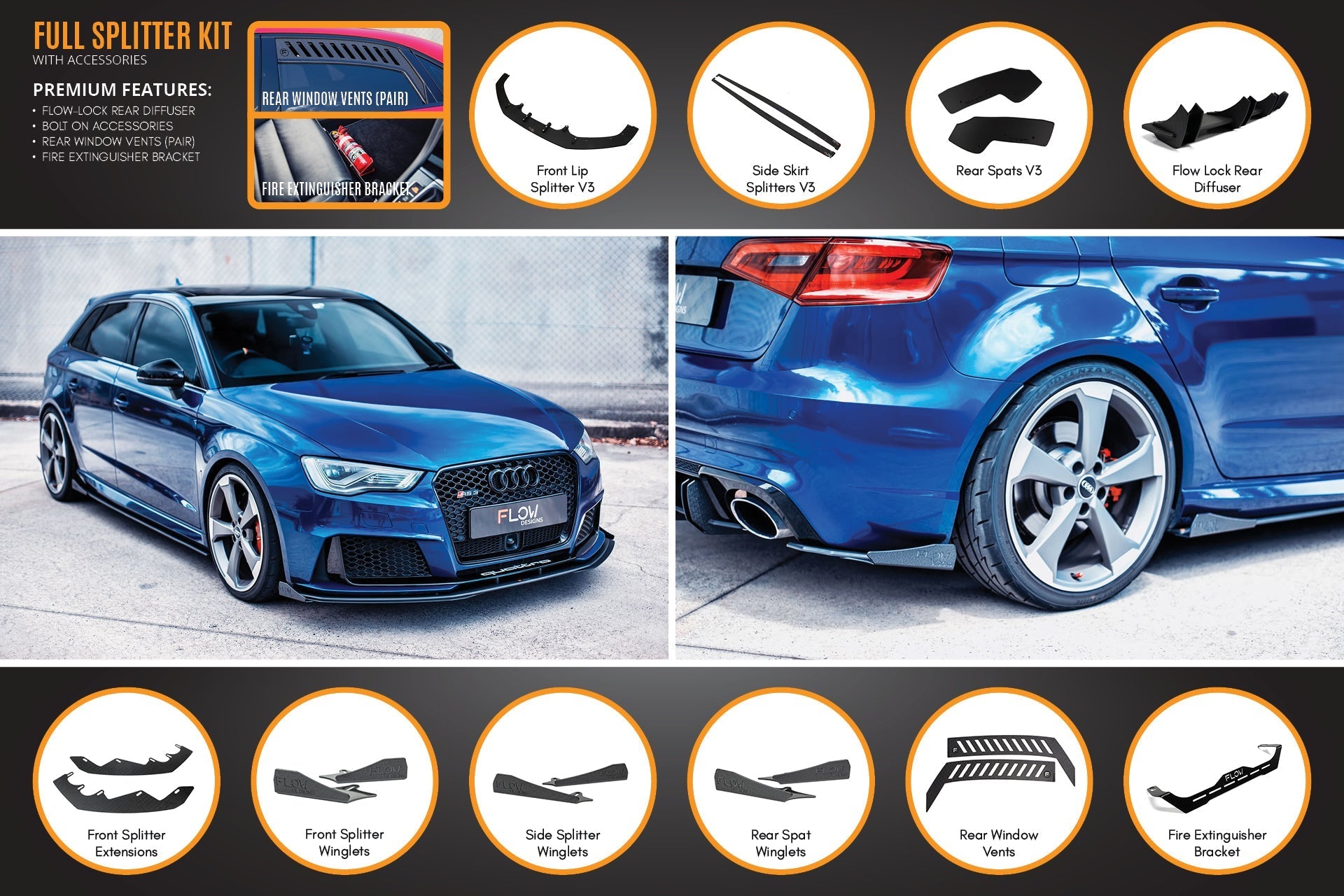 Audi RS3 8V Sportback (PFL) Full Lip Splitter Set