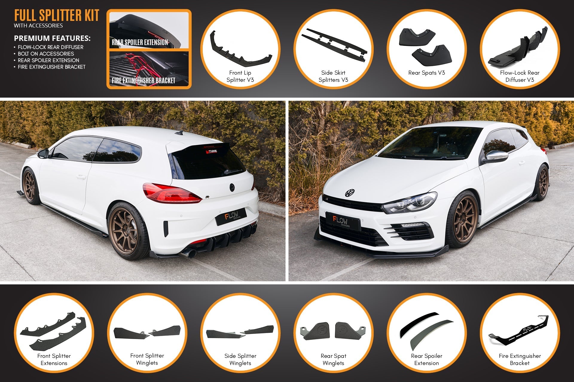 Volkswagen Scirocco R FL V3 Full Lip Splitter Set