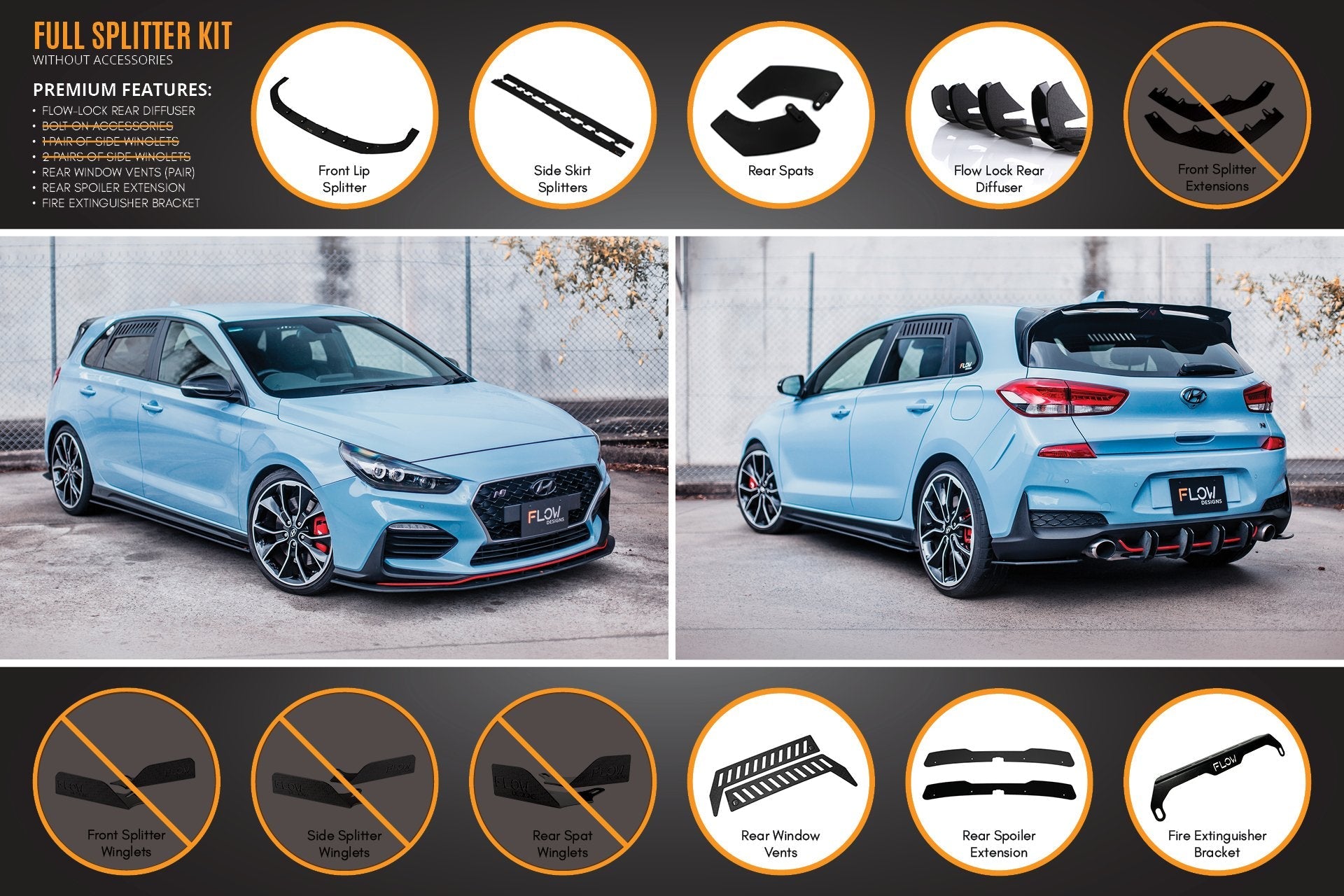 Hyundai i30N Hatch PD (2018-2020) Full Lip Splitter Set (GLOSS BLACK)