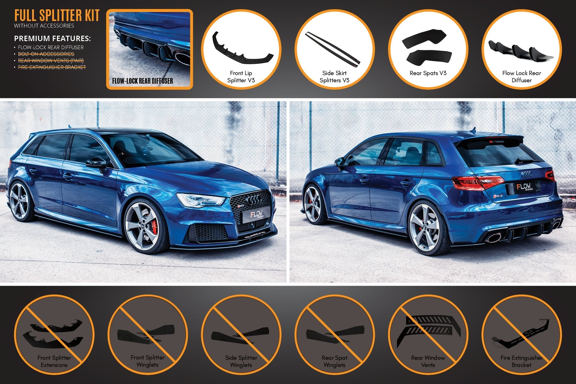 Audi RS3 8V Sportback (PFL) Full Lip Splitter Set