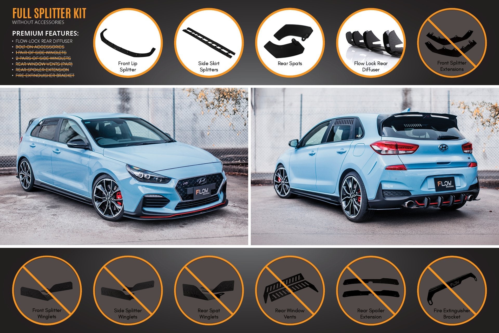 Hyundai i30N Hatch PD (2018-2020) Full Lip Splitter Set (GLOSS BLACK)