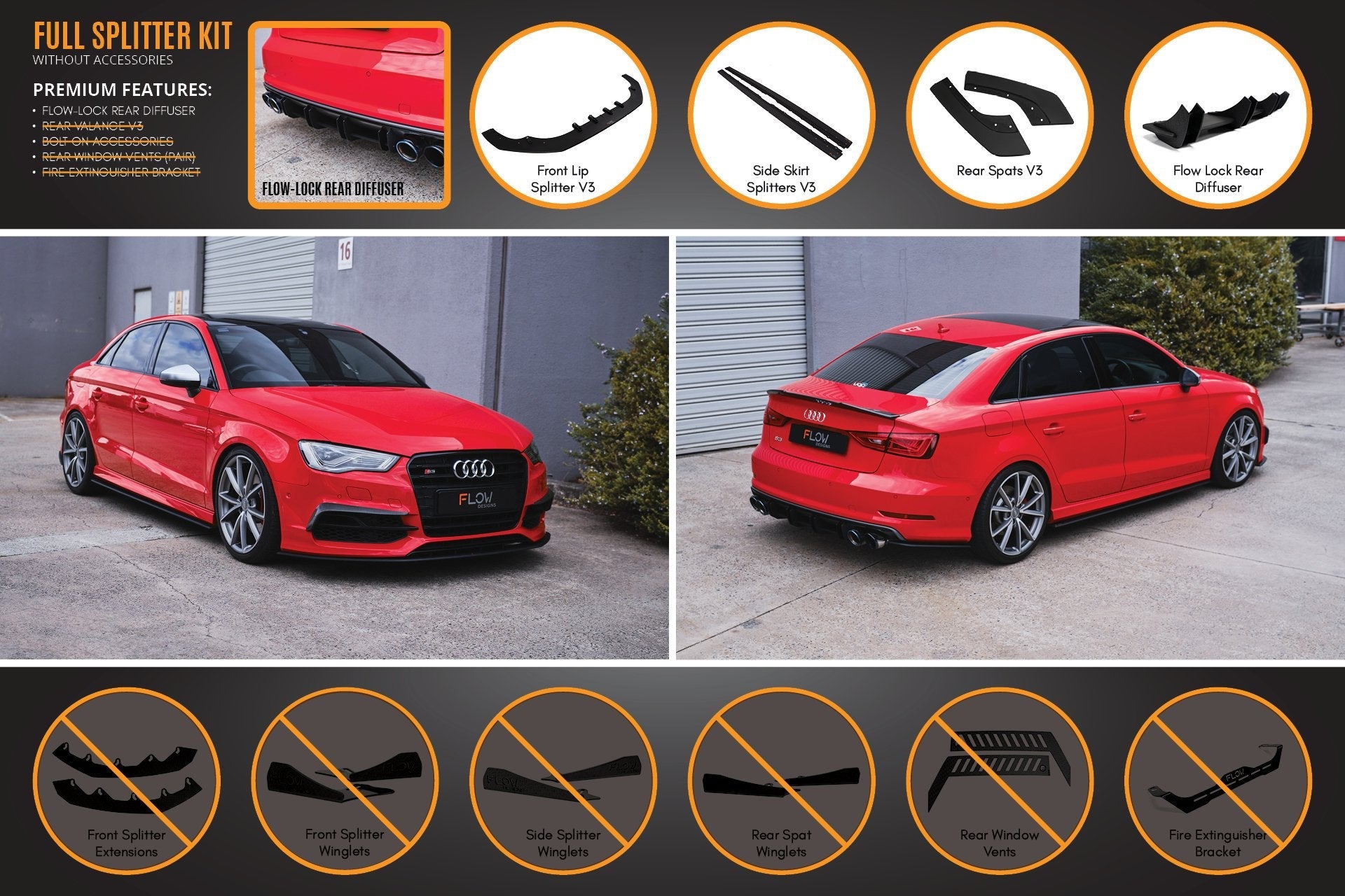 Audi S3 8V Sedan PFL V3 Full Lip Splitter Set