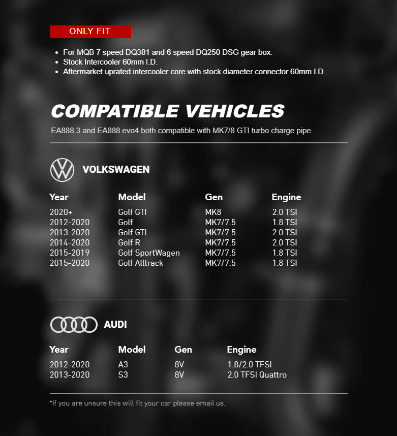 MQB Turbo Charge Pipe - Audi A3 S3 8V & Volkswagen GTI & R MK7/ GTI MK8