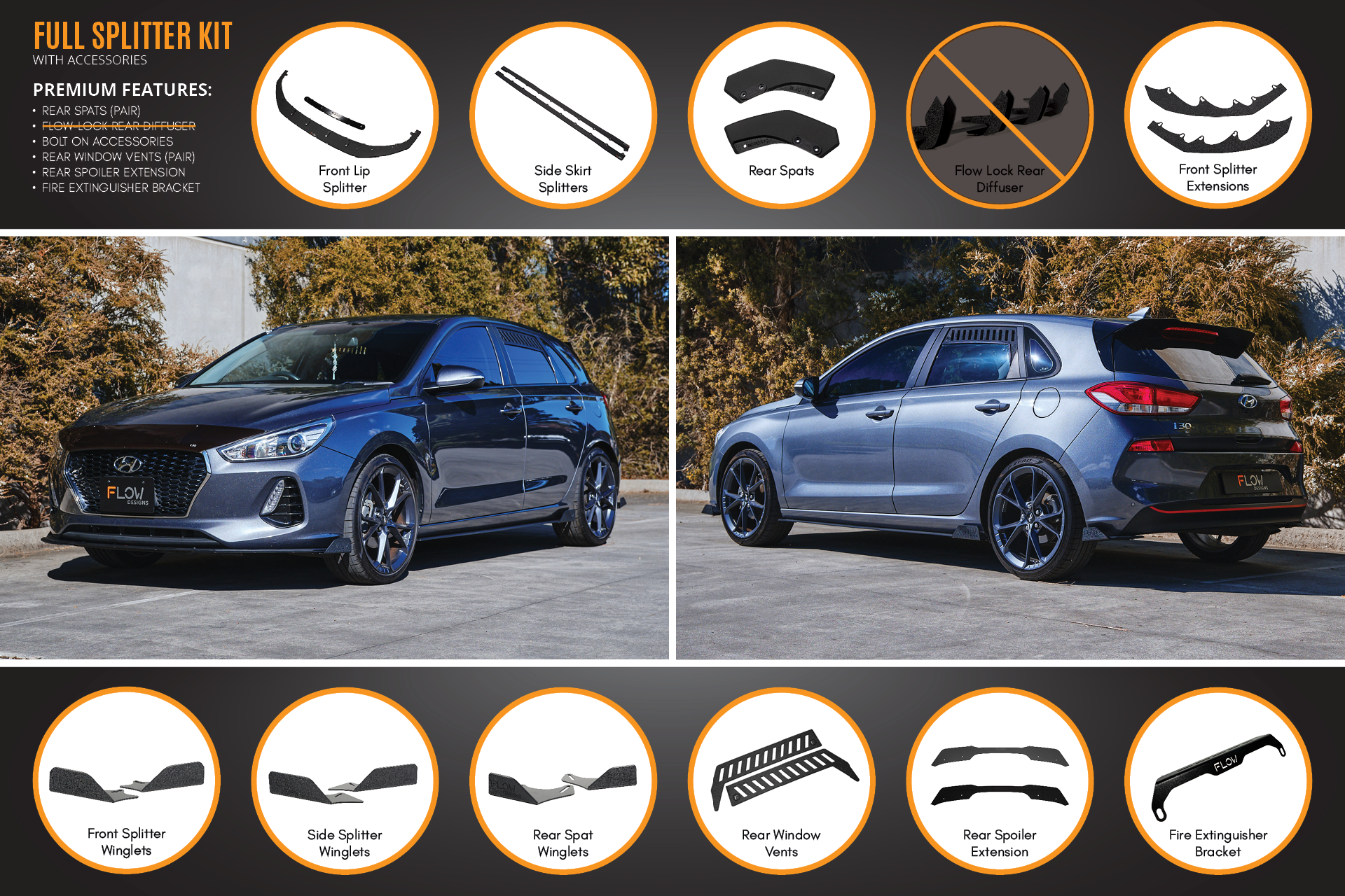 Hyundai i30 Hatch PD1, PD2 2018-2020 Full Lip Splitter Set with Rear Spats (Pair) (GLOSS BLACK)