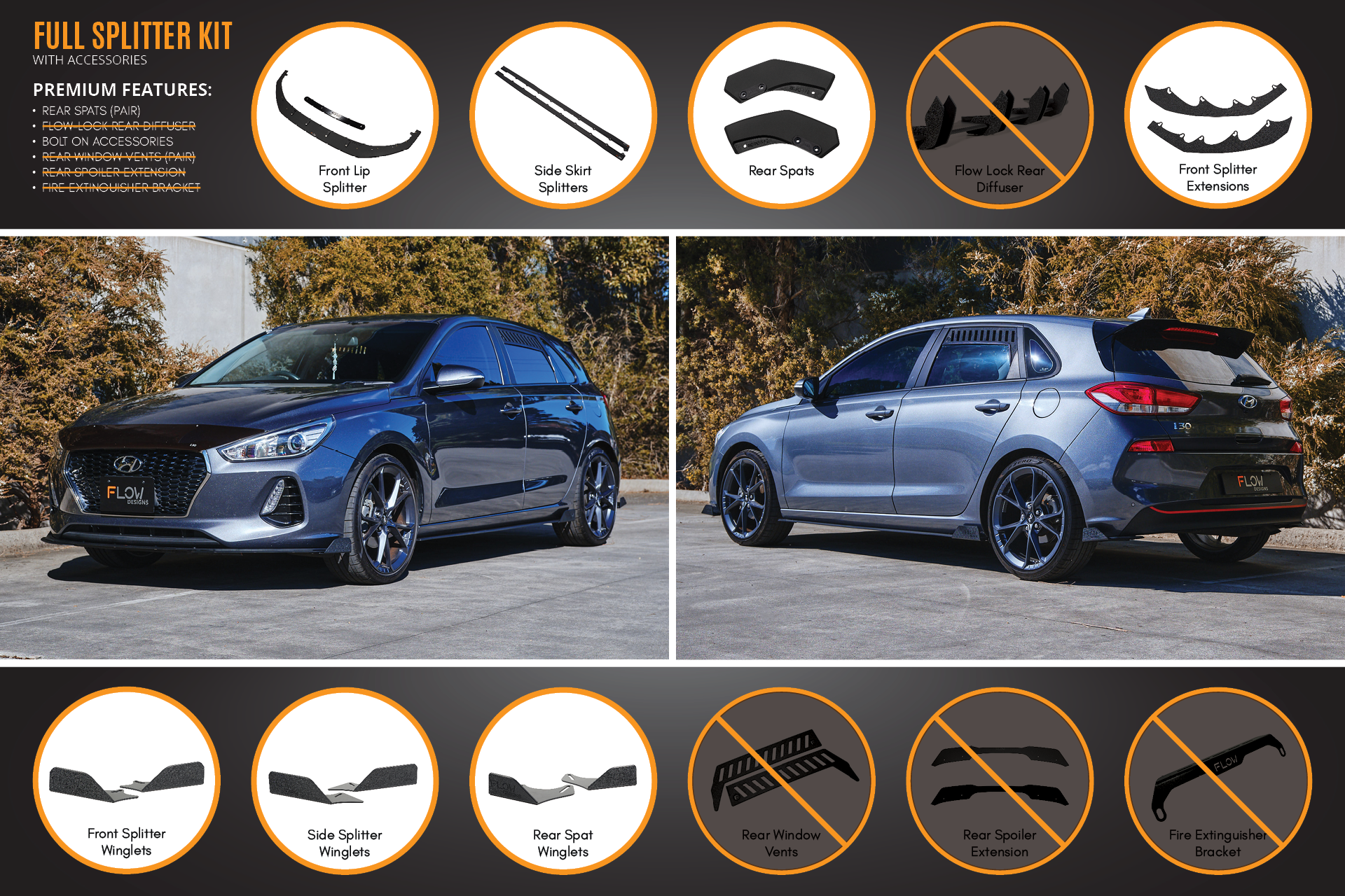 Hyundai i30 Hatch PD1, PD2 2018-2020 Full Lip Splitter Set with Rear Spats (Pair) (GLOSS BLACK)