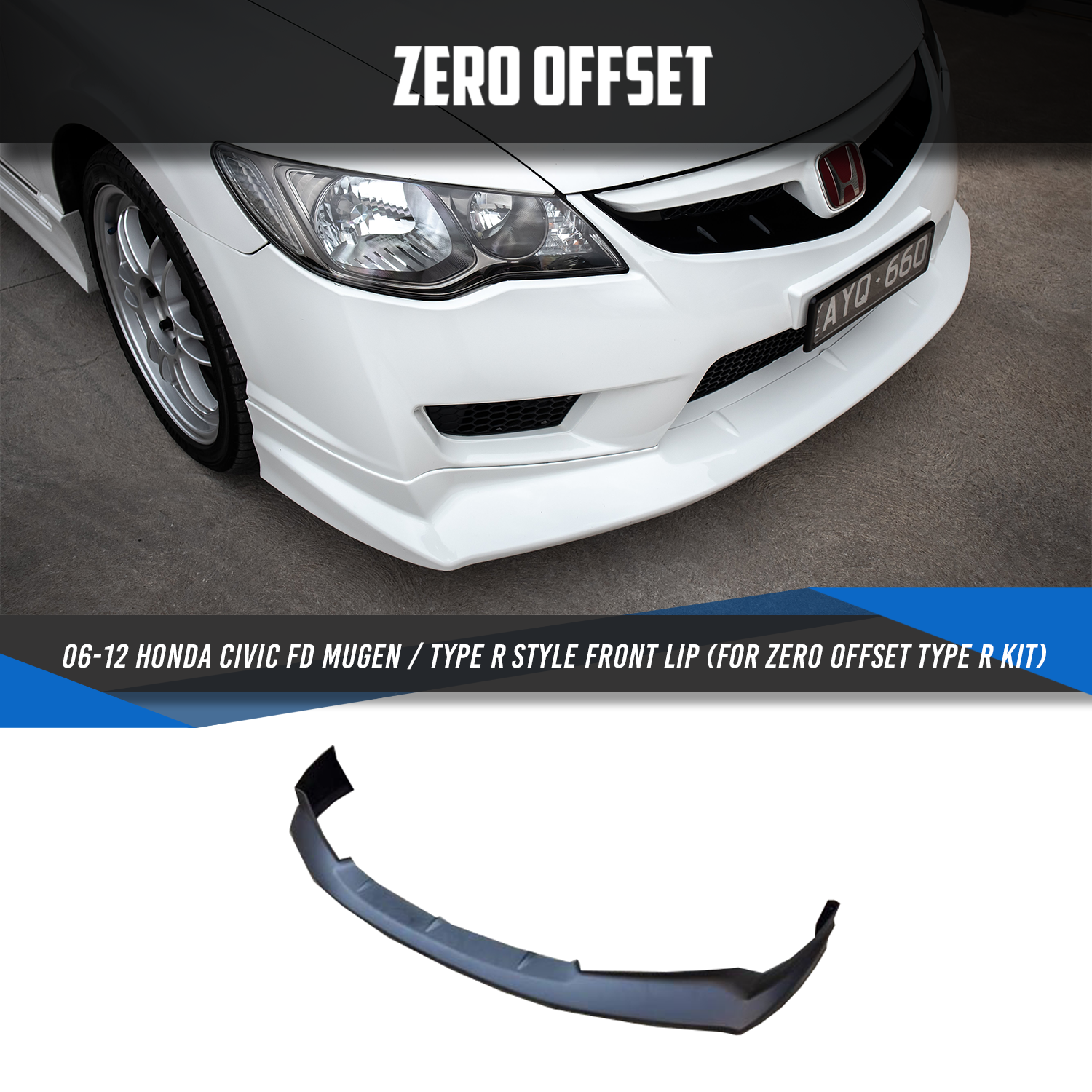 Mugen Style Front Lip for Honda Civic FD (Suits Zero Offset Type R Bumper) 2006-2012